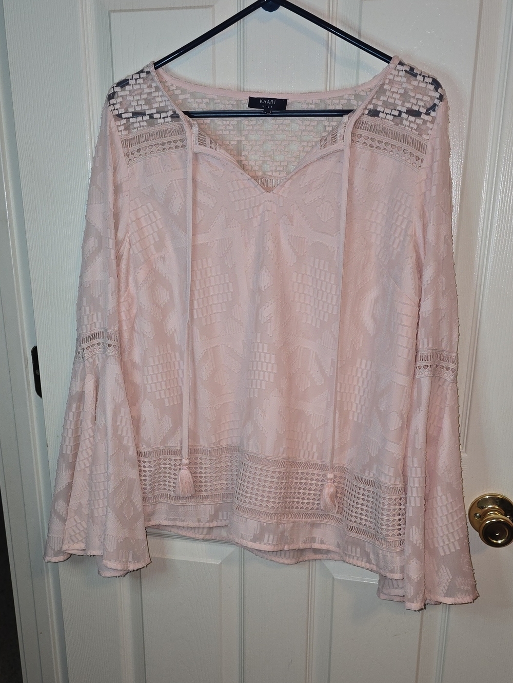 Kaari Blue Soft Pink Lace-Trim Peasant Blouse